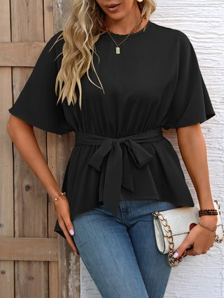 Tied Round Neck Half Sleeve Blouse Divacious