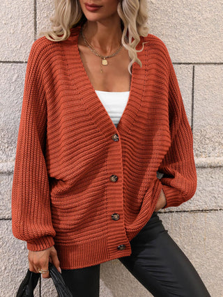 Button Down Horizontal-Ribbing Longline Cardigan Divacious