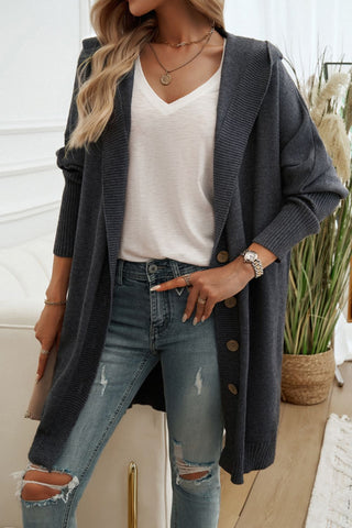 Button Up Long Sleeve Hooded Cardigan Divacious