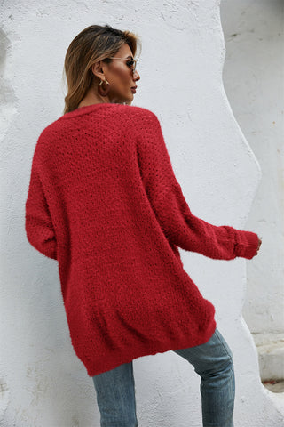 Open Front Openwork Fuzzy Cardigan with Pockets Divacious