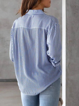 Striped Collared Neck Long Sleeve Shirt Divacious