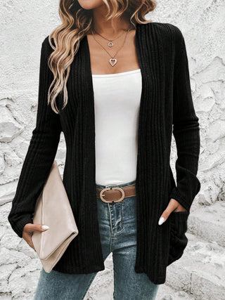 Pocketed Open Front Long Sleeve Cardigan Divacious