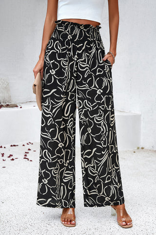 Smocked Printed Wide Leg Pants with Pockets Divacious