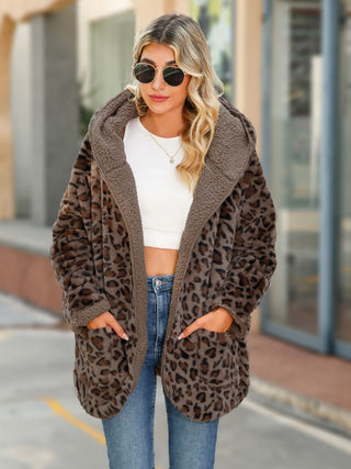 Leopard Hooded Coat with Pockets Divacious