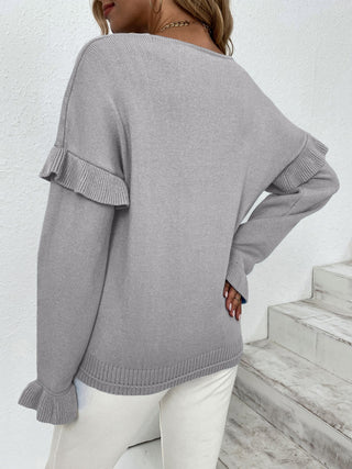 Ruffled V-Neck Dropped Shoulder Sweater Divacious