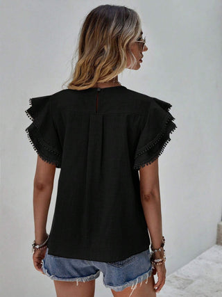 Ruffled Cap Sleeve Round Neck Blouse Divacious