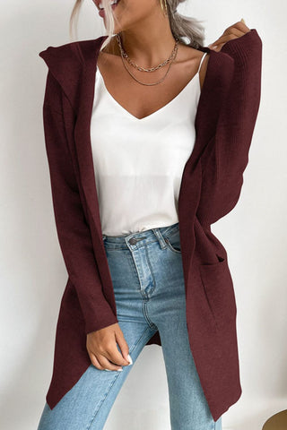 Ribbed Open Front Hooded Cardigan with Pockets Divacious