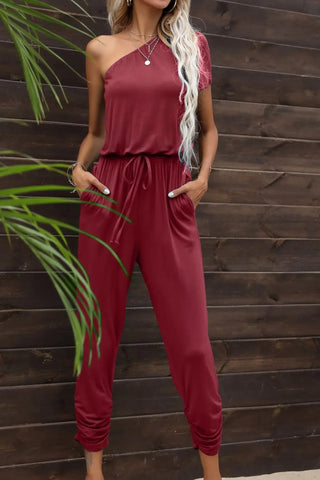 Drawstring Waist One-Shoulder Jumpsuit with Pockets Divacious