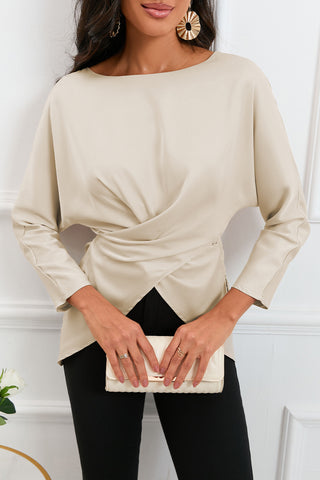 Boat Neck Back Tie Long Sleeve Satin Blouse Divacious