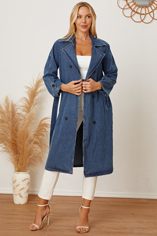 Double-Breasted Belted Longline Denim Jacket Divacious