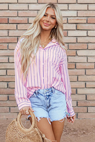 Striped Collared Neck Long Sleeve Shirt Divacious