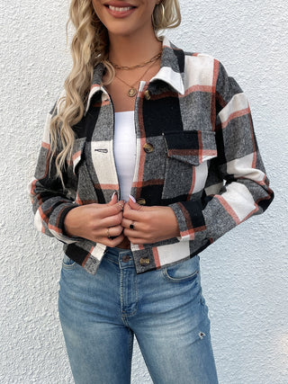 Plaid Button Up Drop Shoulder Cropped Jacket Divacious