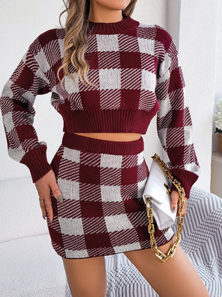 Plaid Round Neck Top and Skirt Sweater Set Trendsi