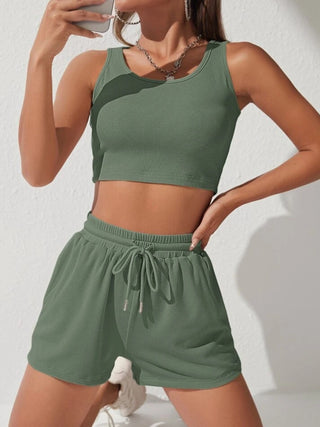 Scoop Neck Wide Strap Top and Drawstring Shorts Set Trendsi