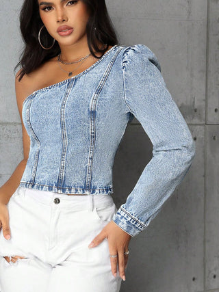 One Shoulder Long Sleeve Denim Top Divacious