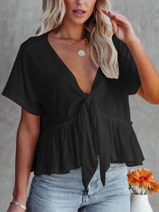 Tied Plunge Short Sleeve Blouse Divacious