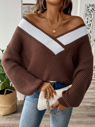 Contrast Dropped Shoulder Long Sleeve Sweater Divacious