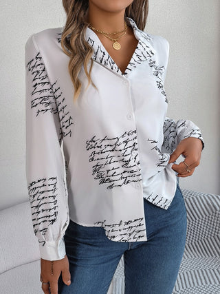 Letter Printed Button Up Long Sleeve Blouse Divacious