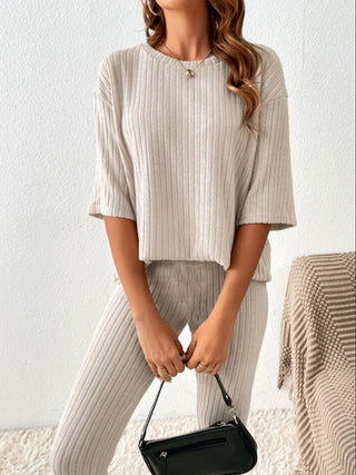 Ribbed Round Neck T-Shirt and Pants Lounge Set Trendsi