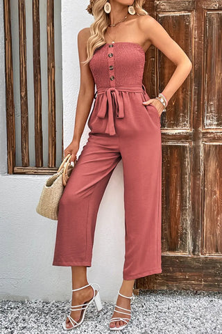 Decorative Button Strapless Smocked Jumpsuit with Pockets Divacious