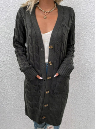 Cable-Knit Button Down Cardigan with Pockets Divacious