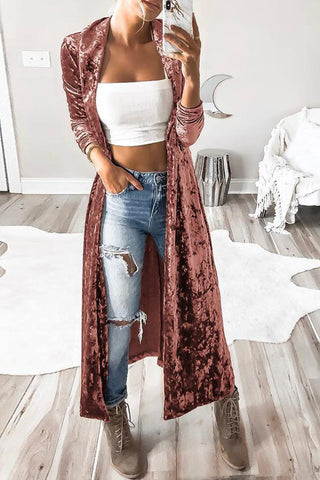 Open Front Long Sleeve Longline Velvet Cardigan Divacious