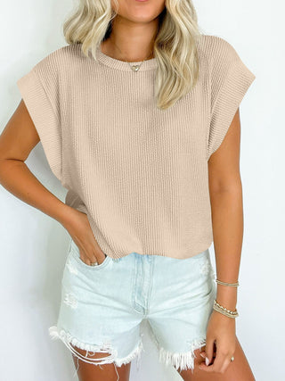 Textured Round Neck Cap Sleeve Blouse Divacious