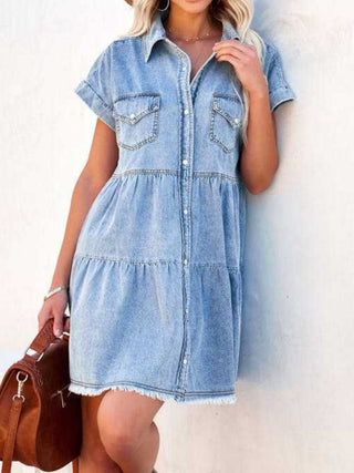 Raw Hem Short Sleeve Denim Dress Divacious