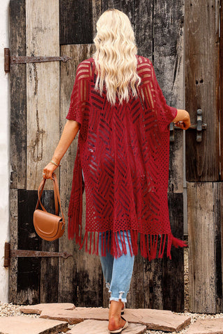 Openwork Open Front Cardigan with Fringes Divacious