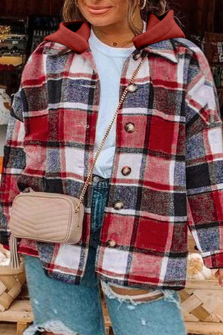 Plus Size Plaid Button Up Hooded Jacket Divacious