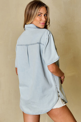 Slit Snap Down Short Sleeve Denim Top Divacious