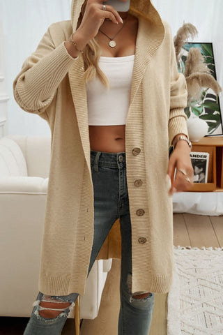 Button Up Long Sleeve Hooded Cardigan Divacious