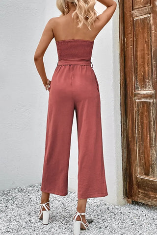 Decorative Button Strapless Smocked Jumpsuit with Pockets Divacious