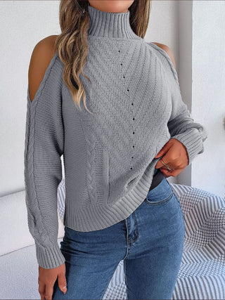 Cable-Knit Turtleneck Cold Shoulder Sweater Divacious