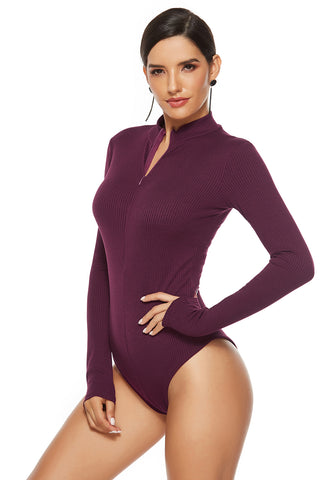 Full Size Ribbed Half Zip Long Sleeve Bodysuit Divacious