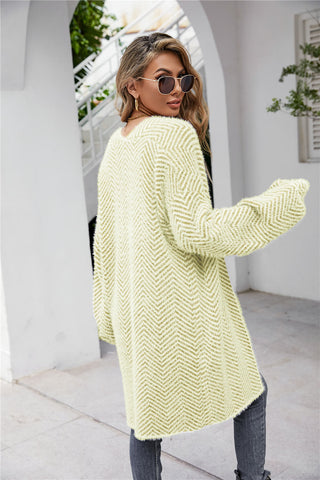 Herringbone Pattern Open Front Longline Fuzzy Cardigan Divacious