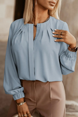 Button Up Round Neck Long Sleeve Shirt Divacious