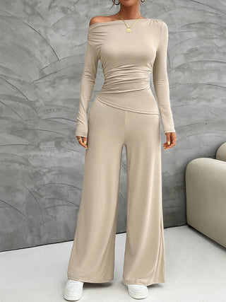 Devine Long Sleeve Top and Wide Leg Pants Set Trendsi