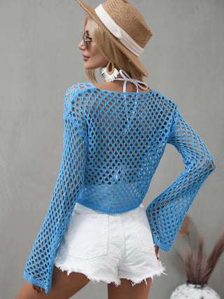 Openwork Flare Sleeve Cropped Cover Up Divacious