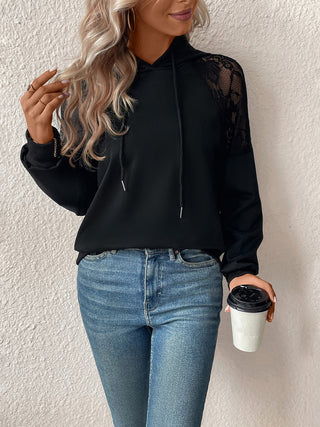 Lace Detail Drawstring Long Sleeve Hoodie Divacious