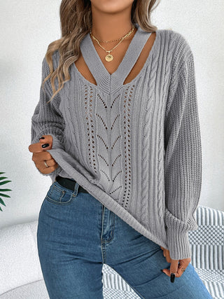 Cutout V-Neck Long Sleeve Sweater - Divacious