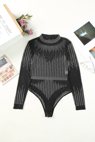 Rhinestone Round Neck Long Sleeve Bodysuit Divacious