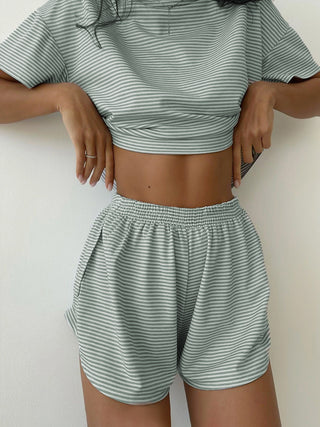 Striped Round Neck Top and Shorts Set Trendsi