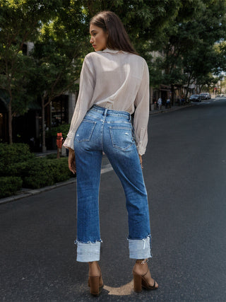 Stepped Waist Raw Hem Rolled Straight Jeans Divacious