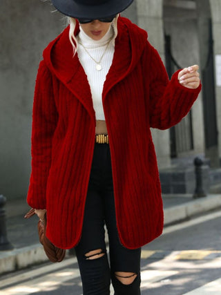 Open Front Ribbed Hooded Coat Divacious