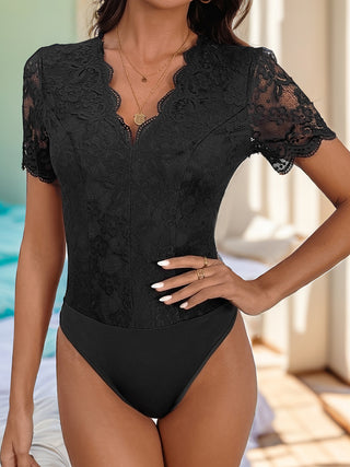 V-Neck Short Sleeve Lace Bodysuit Divacious