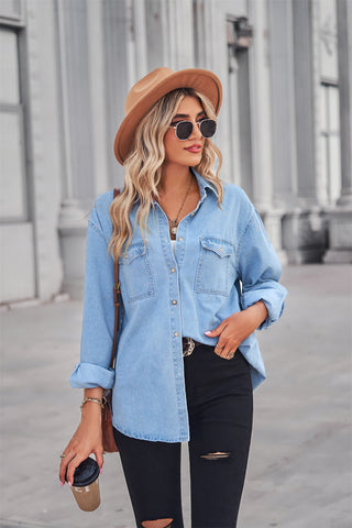 Collared Neck Dropped Shoulder Denim Top Divacious