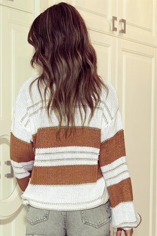 Striped Drop Shoulder Lantern Sleeve Sweater Divacious