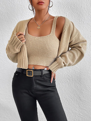 Plain Sweater Cami and Cardigan Set Trendsi