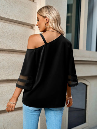 Asymmetrical Neck Sheer Striped Flare Sleeve Blouse Divacious